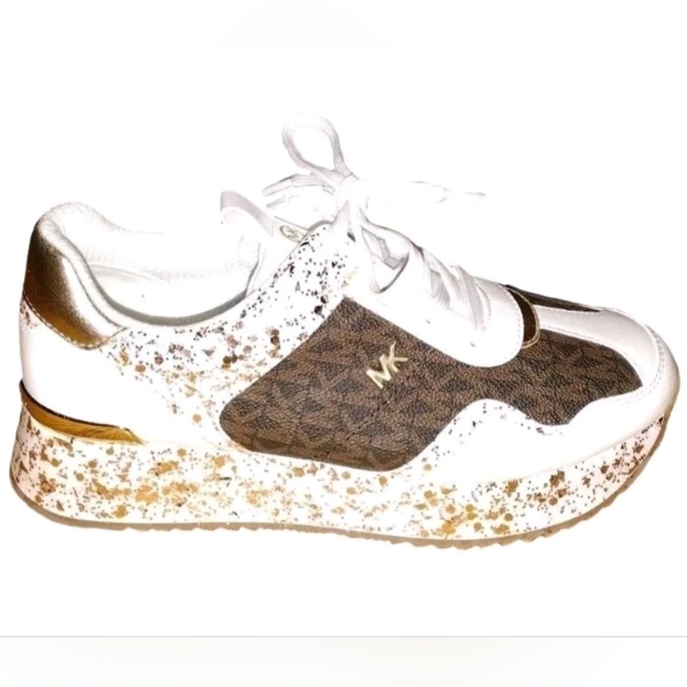 Michael Kors Upcycled Raina Trainer White Gold Glitter Brown Sneakers Women's 8